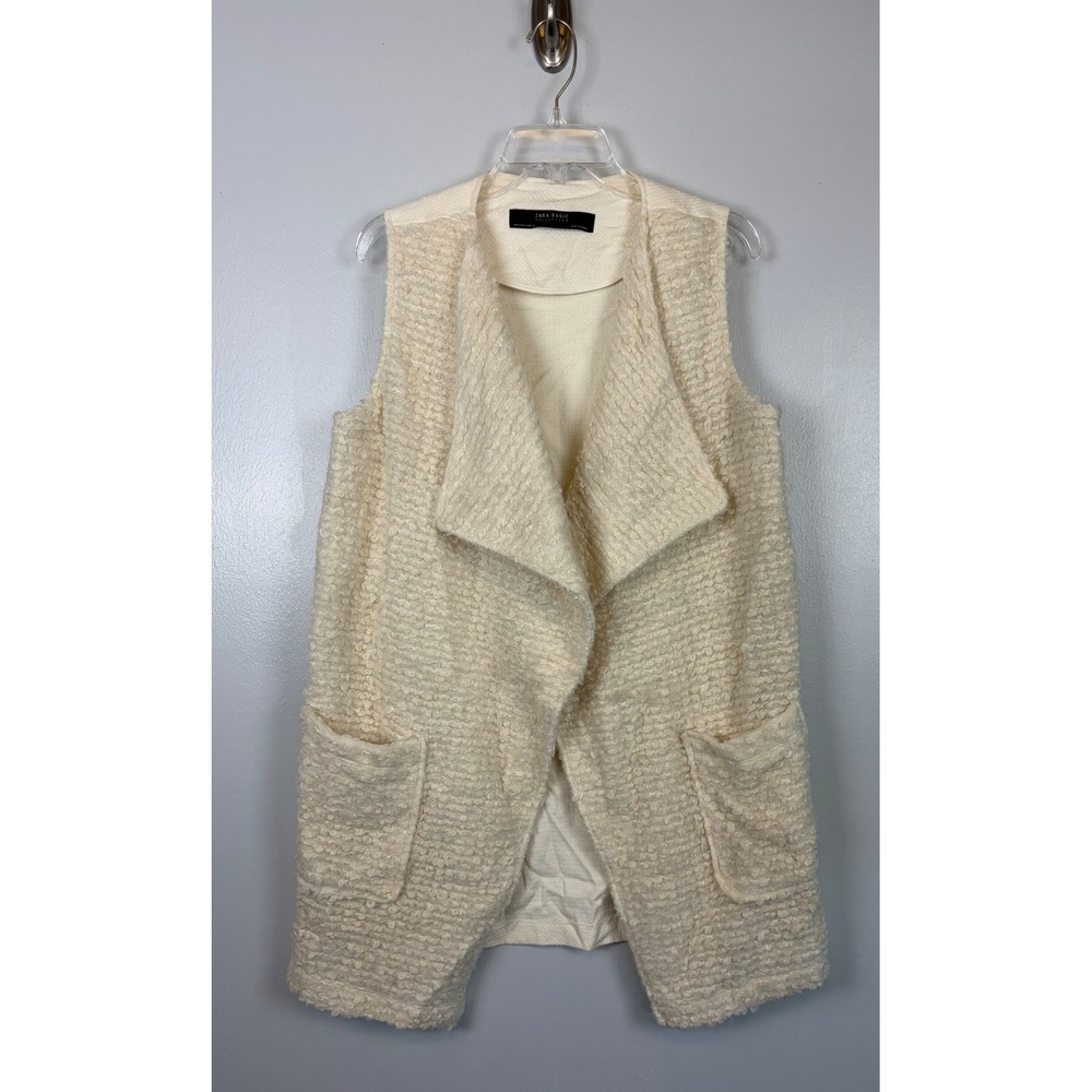 Zara Basic Cream Boucle Longline Vest Sleeveless Jacket Small Cardigan Crossover